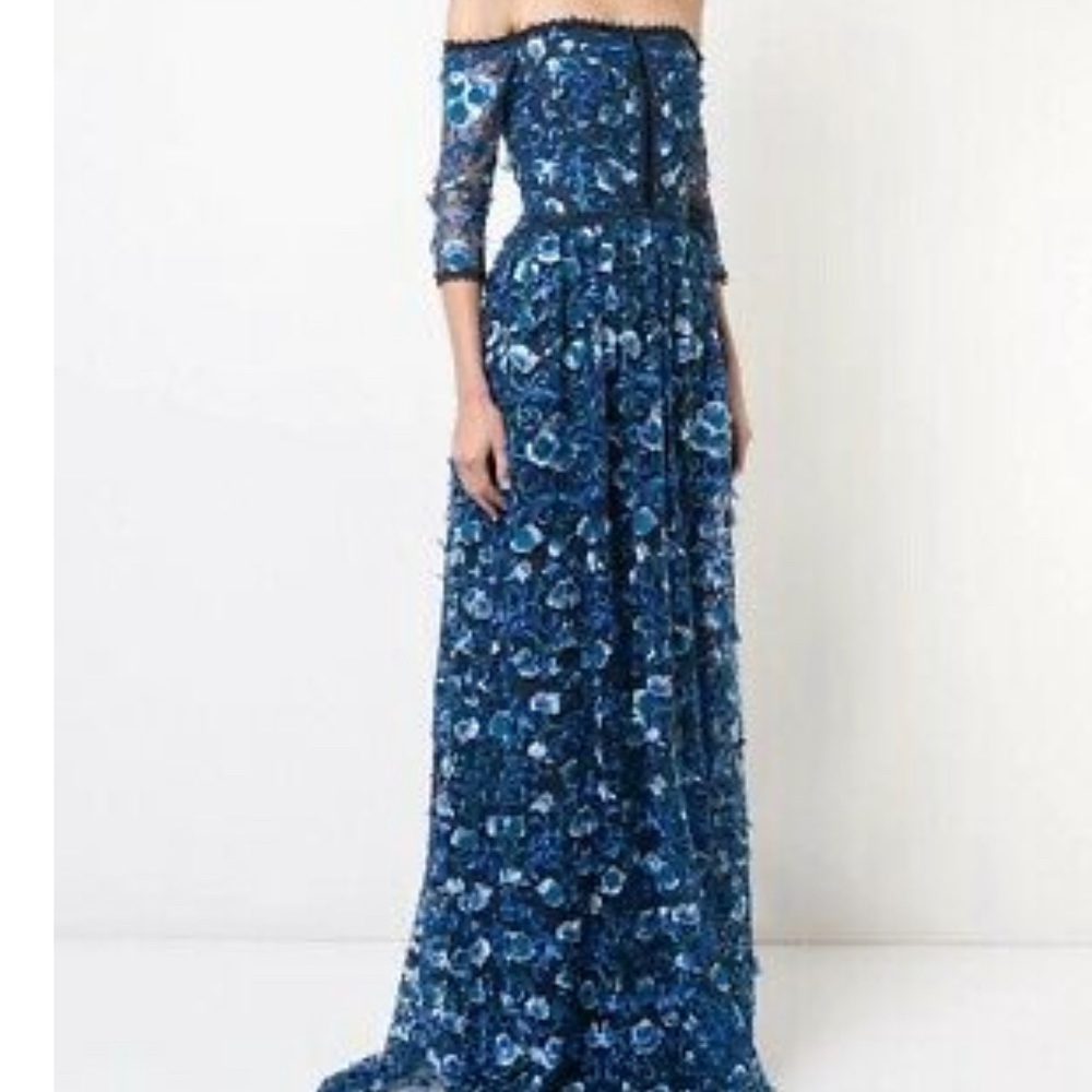 Marchesa Notte blue off-the-shoulder gown, brand new!
